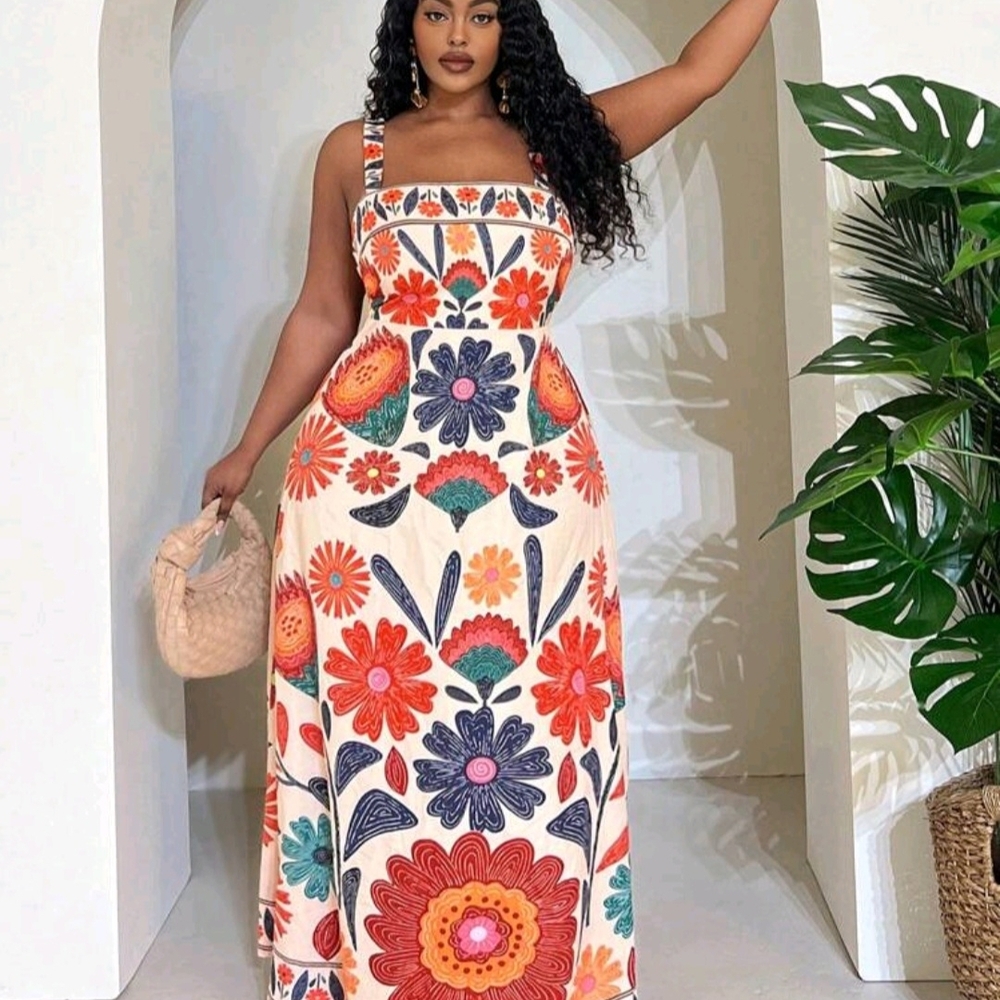 SHEIN Cream Maxi Dress with Orange & Navy Floral Print